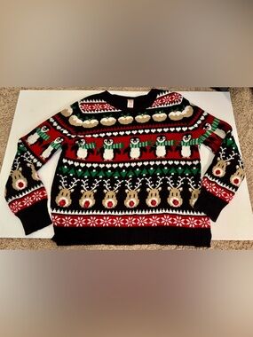 Festive Penguin & Reindeer Holiday Sweater - Black/Red/Green Size XL 16/18